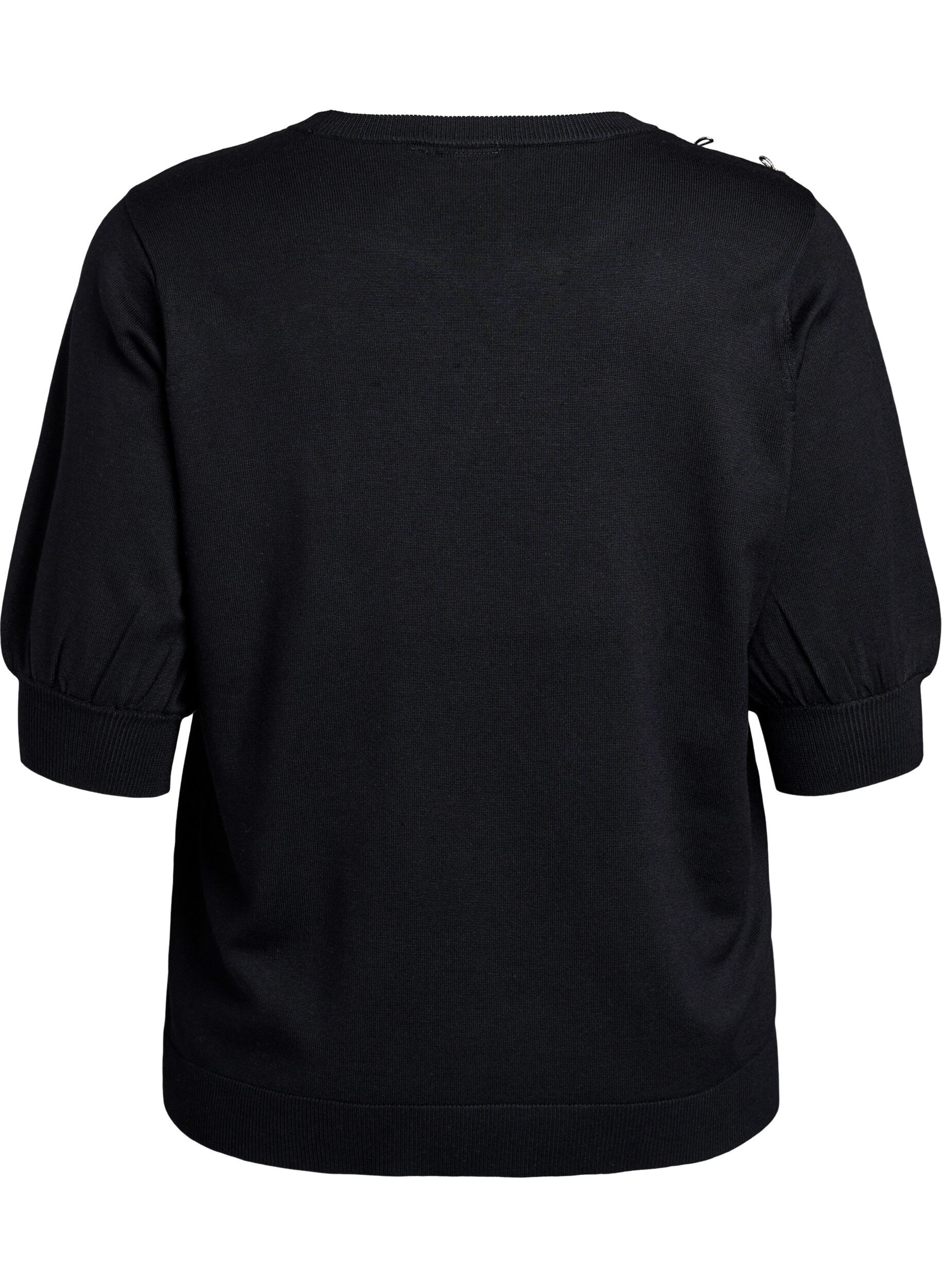 Zizzi Stickad blus med korta &auml;rmar och sm&aring; rosetter, Svart, Packshot image number 1