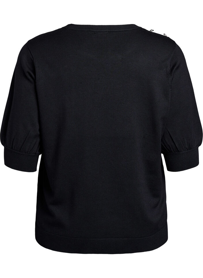 Stickad blus med korta ärmar och små rosetter, Svart, Packshot image number 1