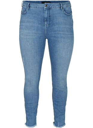 Croppade Amy jeans med råa kanter, Blue denim, Packshot image number 0