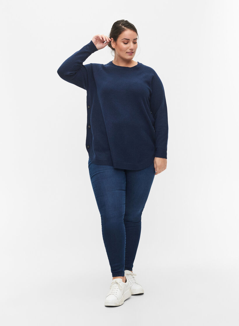 Stickad tr&ouml;ja med knappdetaljer, Navy Blazer Mel., Model image number 3