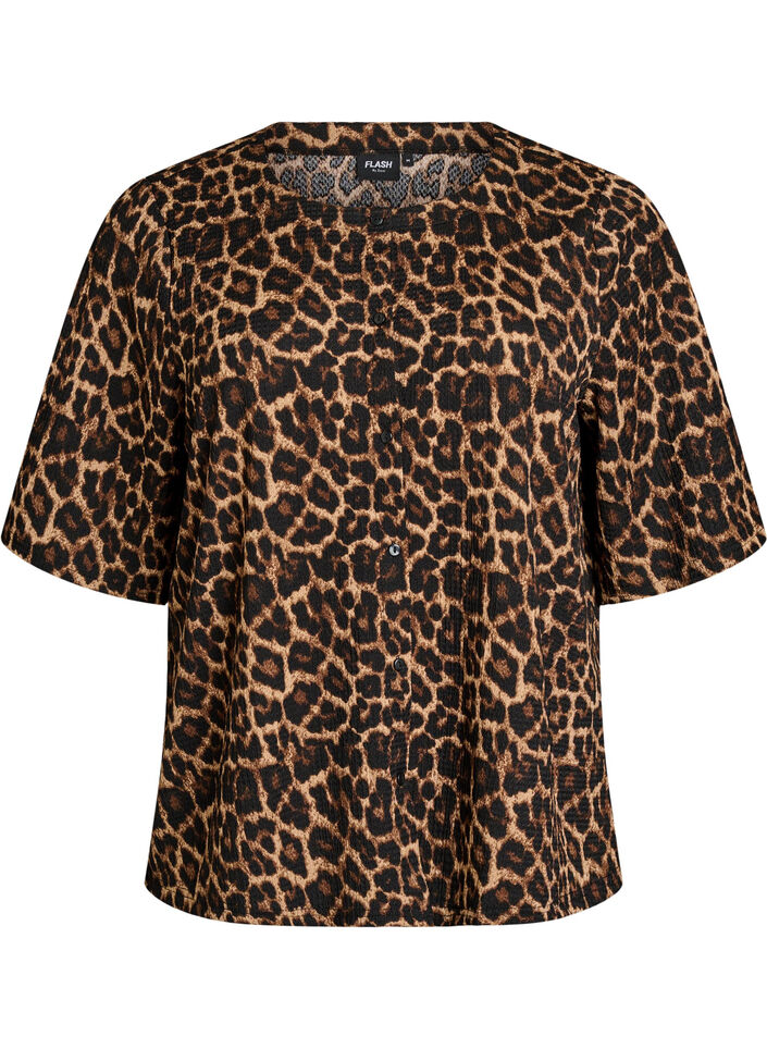 Kort&auml;rmad blus med struktur och kn&auml;ppning, Svart, Packshot image number 0