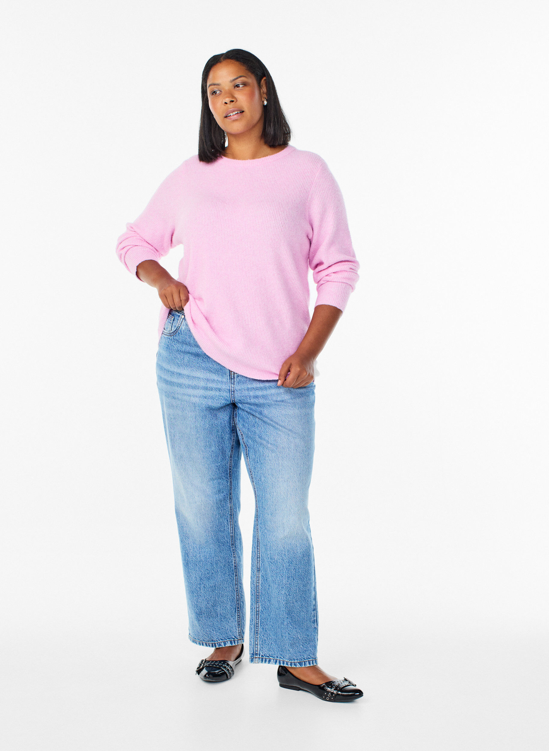ZizziMelerad stickad blus med rund hals, Rosa, Model image number 1