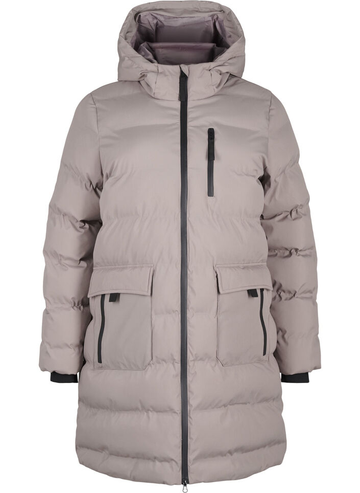 Pufferkappa med huva och fickor, Beige, Packshot image number 0