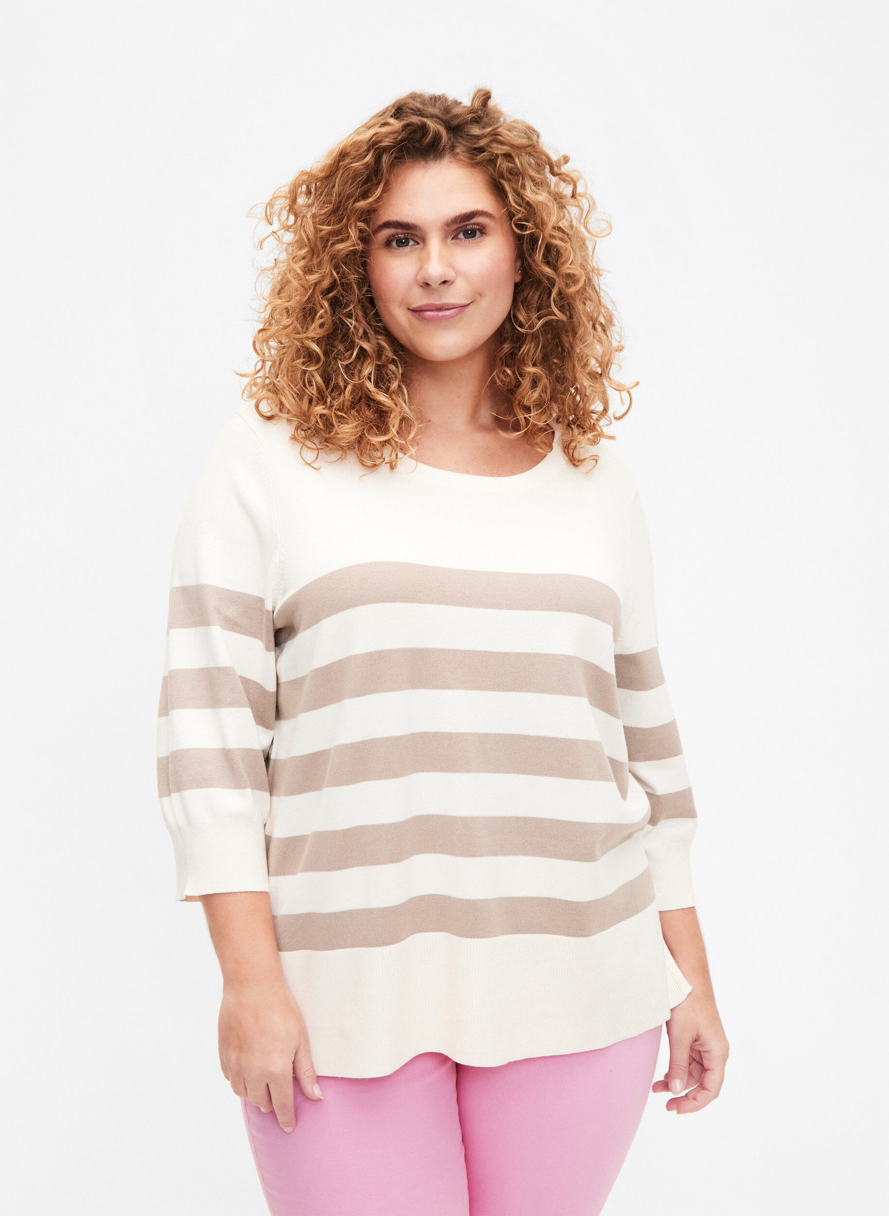 Zizzi Randig pullover i viskos med 3/4 &auml;rmar, Birch/Simply Taupe, Model image number 0