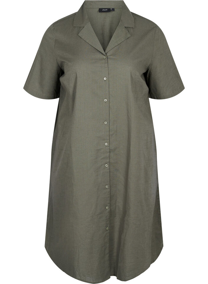 Lång bomullsskjorta med korta ärmar, Dusty Olive, Packshot image number 0