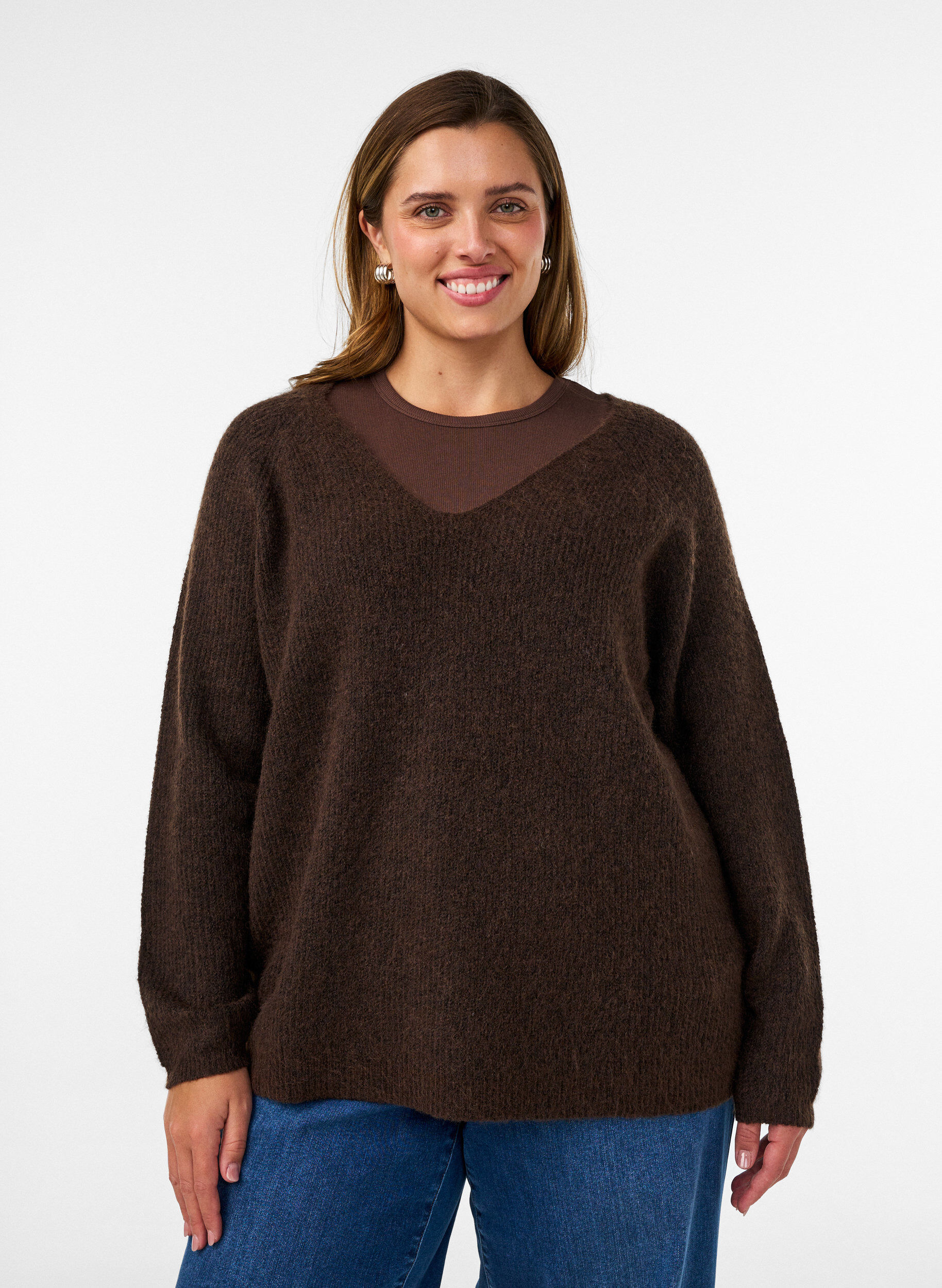 ZizziStickad blus med v-ringning och raglan&auml;rmar, Brun, Model image number 0