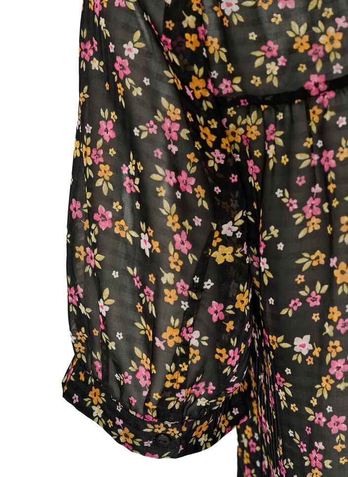 Blus med blommigt m&ouml;nster och v-ringning, Svart, Packshot image number 3