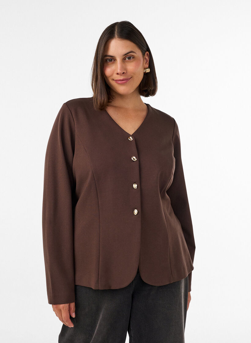 Figurn&auml;ra cardigan i jersey med dekorativa knappar, Brun, Model image number 0