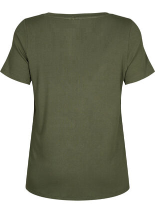 T-shirt i ribbad viskos med v-ringning, Thyme, Packshot image number 1