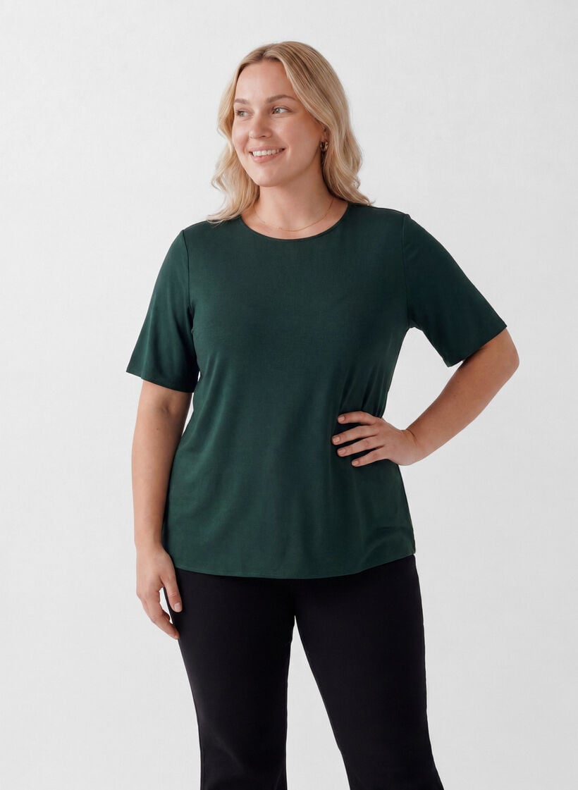 Kort&auml;rmad v&auml;vd blus med rund hals, Gr&ouml;n, Model image number 0
