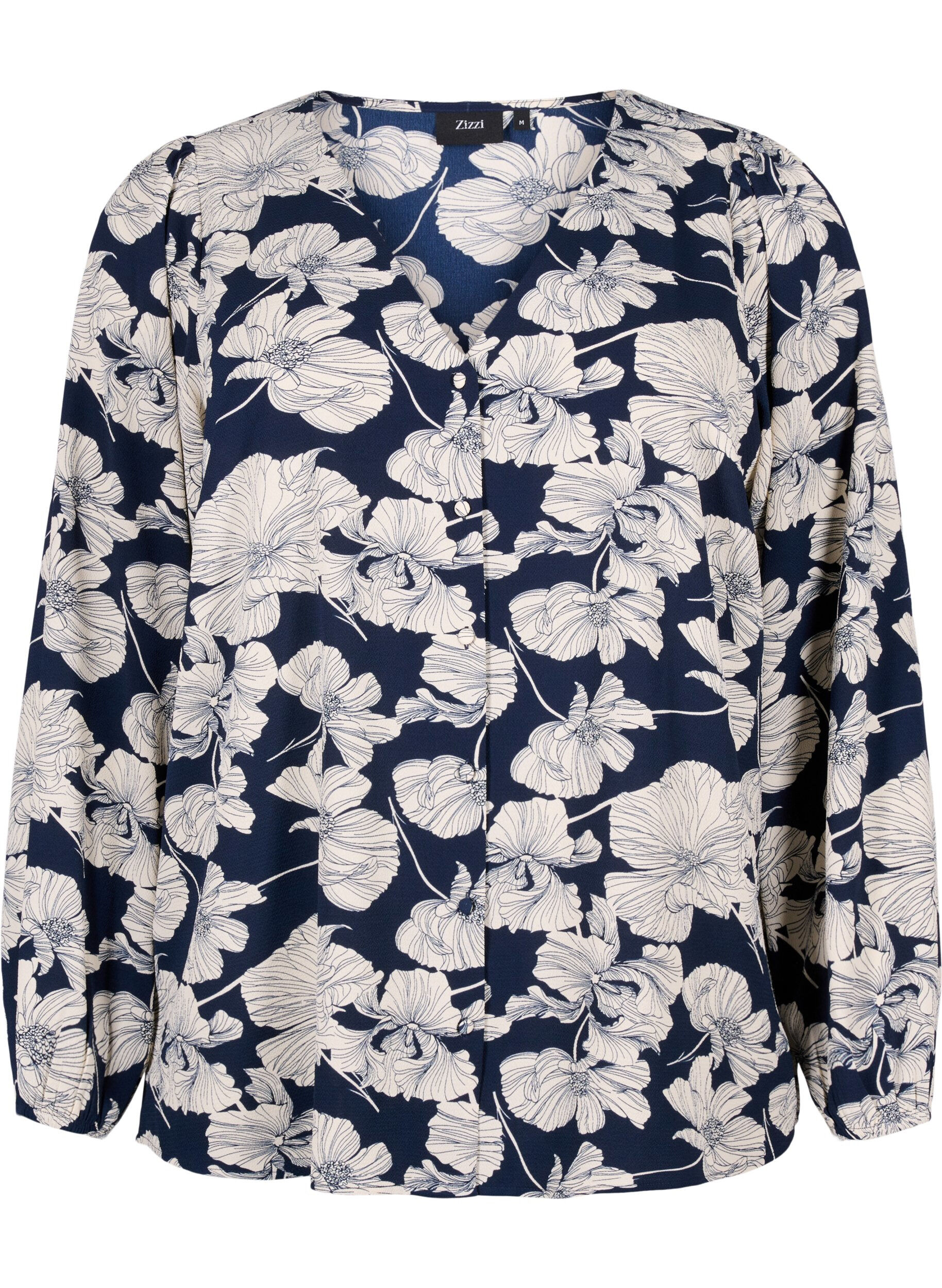 Zizzi Skjortblus med V-ringning och tryck, Navy B. Flower AOP, Packshot image number 0