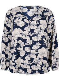 Skjortblus med V-ringning och tryck, Navy B. Flower AOP