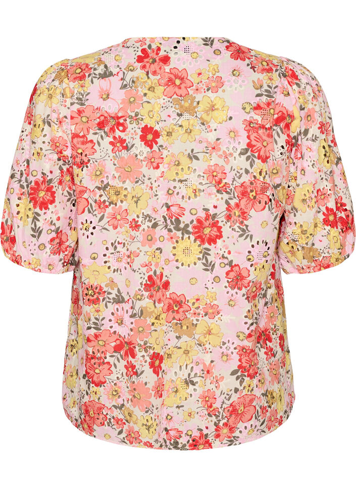 Blommig blus med h&aring;lbroderi och V-ringning, Rosa, Packshot image number 1