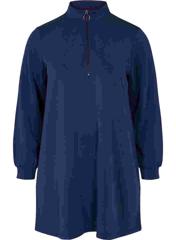 Tunika i sweatshirtmaterial med hög krage och dragkedja, Medieval Blue, Packshot image number 0