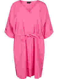 Klänning med 3/4-ärmar och knytband, Shocking Pink