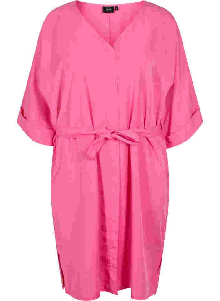 Klänning med 3/4-ärmar och knytband, Shocking Pink, Packshot image number 0