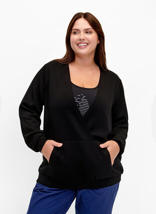 Sweatshirt med V-ringning och ficka, Black, Model image number 0