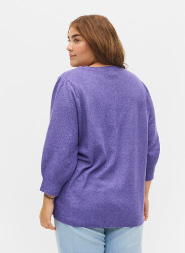 Melerad stickad tröja med 3/4-ärmar, Ultra Violet Mel., Model image number 1