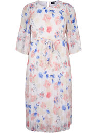 Blommig plisserad klänning med dragsko, White/Blue Floral