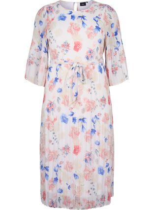 Blommig plisserad klänning med dragsko, White/Blue Floral, Packshot image number 0