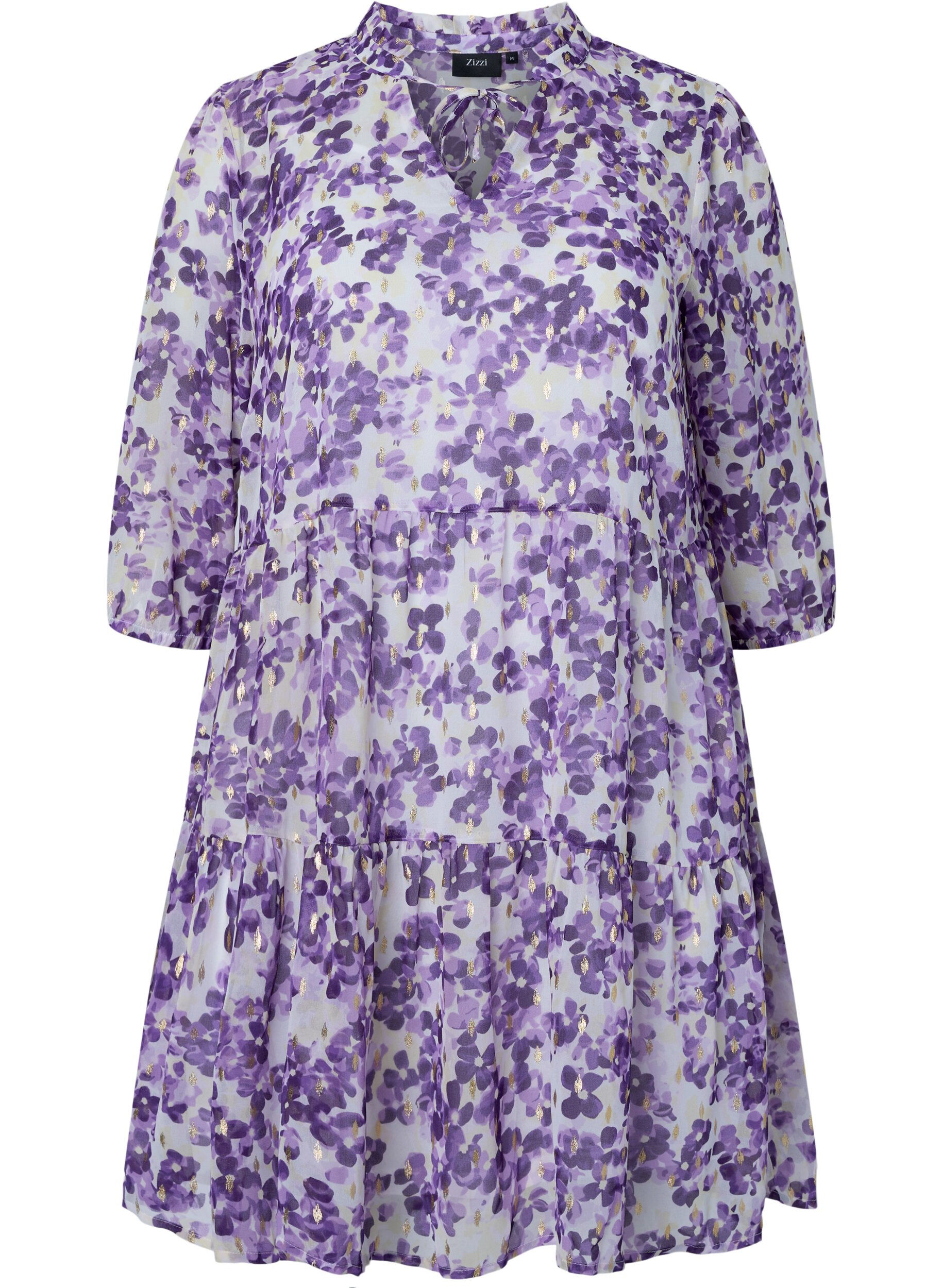 Zizzi Tunika i blomm&ouml;nster och lurex, Beige/Purple Flower, Packshot image number 0