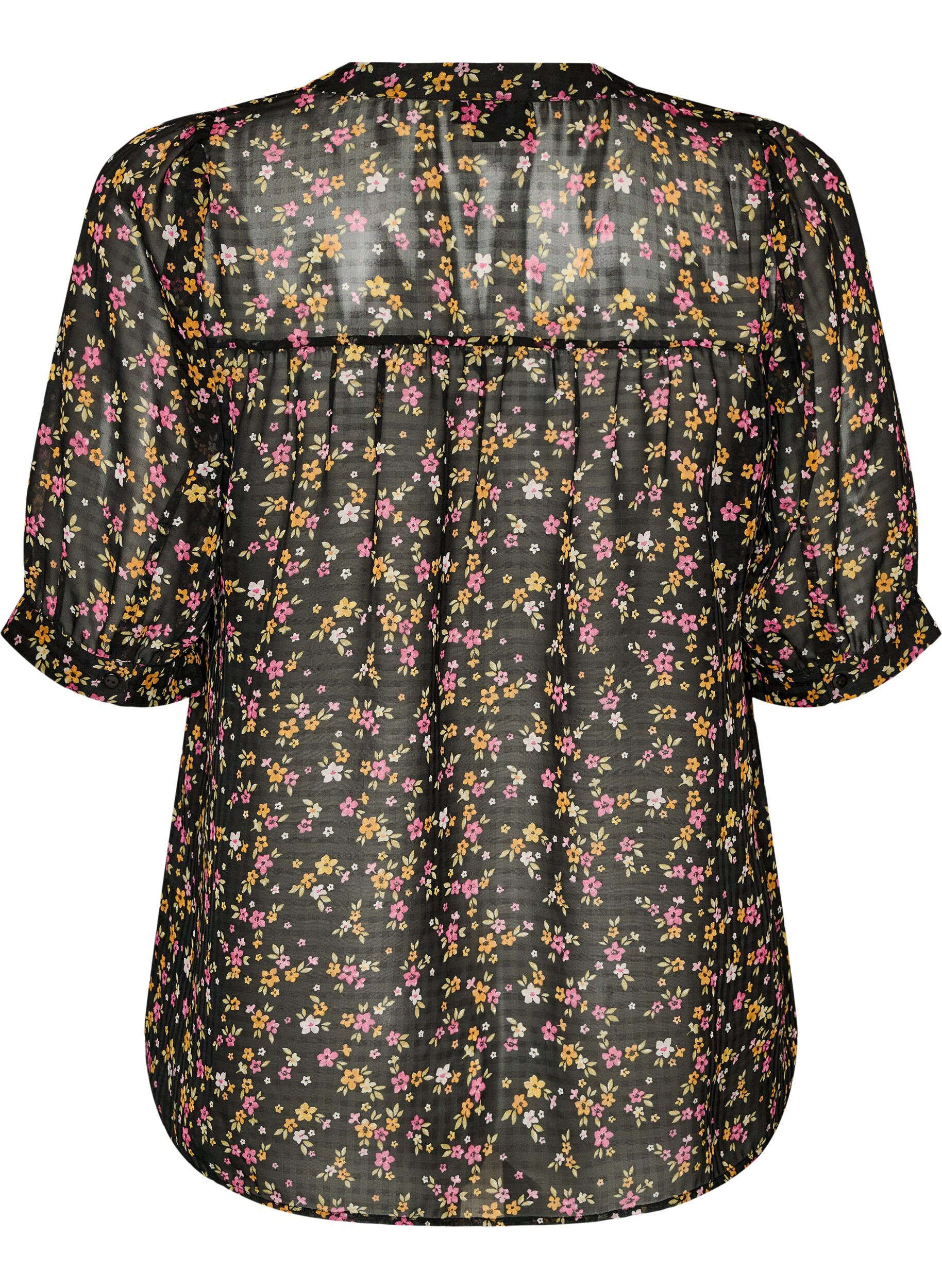 ZizziBlus med blommigt m&ouml;nster och v-ringning, Svart, Packshot image number 1