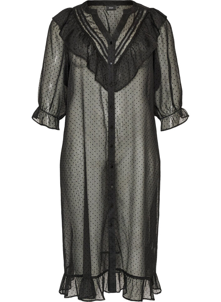 Midikl&auml;nning i ett l&auml;tt, genomskinligt tyg med prickar och volanger, Svart, Packshot image number 0