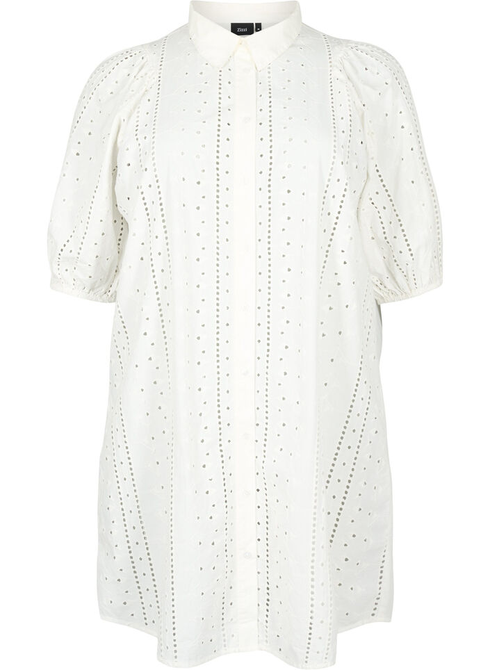 Skjortklänning i bomull med broderi anglaise, Off White, Packshot image number 0