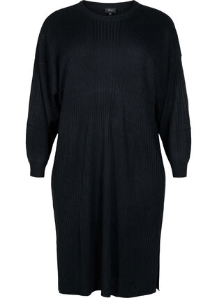 Överdimensionerad stickad klänning med slits, Black, Packshot image number 0