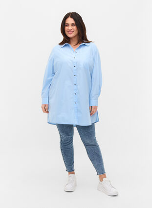 Lång bomullsskjorta med krage och knappar, Chambray Blue, Model image number 3