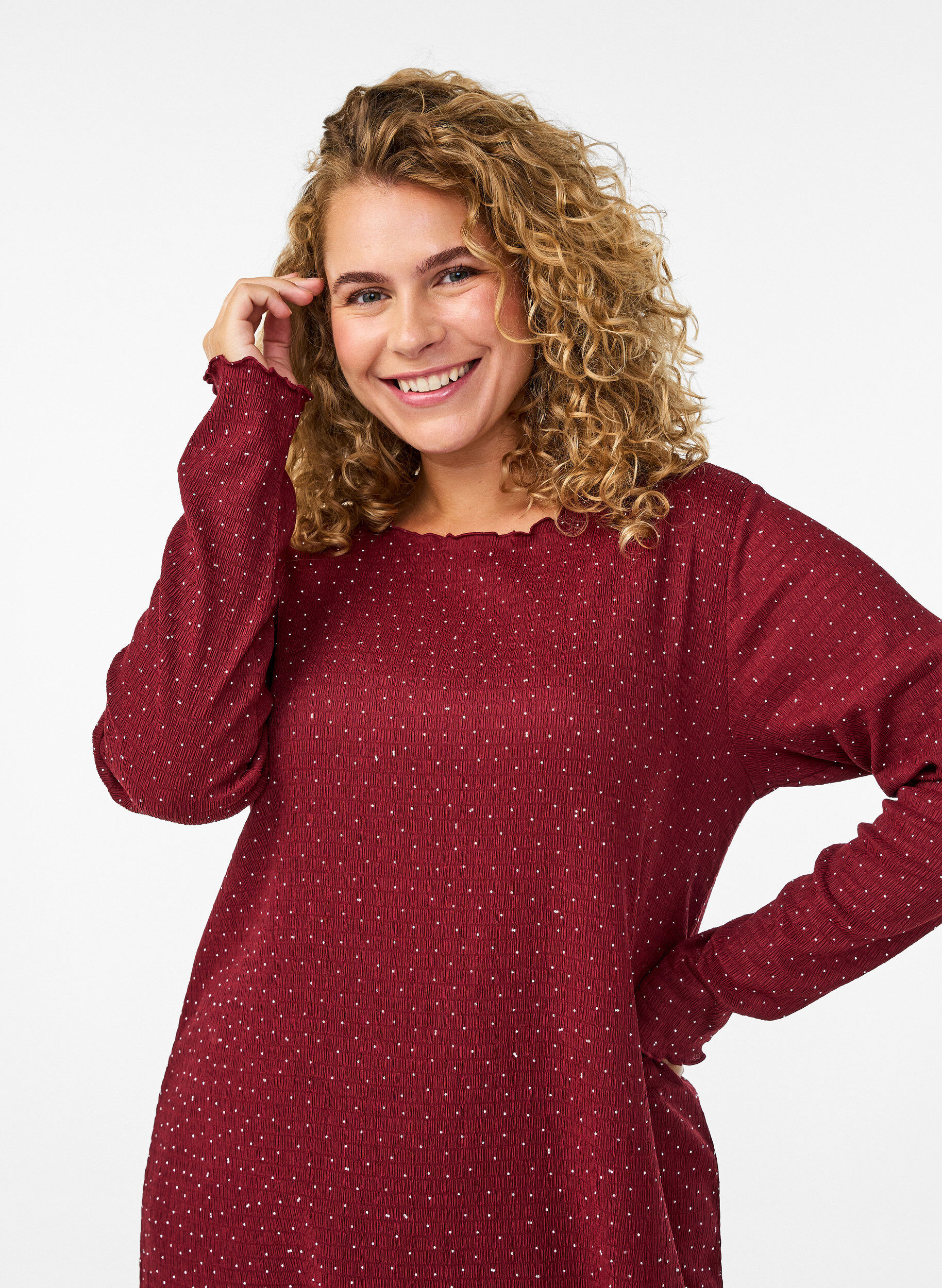 Zizzi Kl&auml;nning med strass och v&aring;gade kanter, M&ouml;rk Bordeaux, Model image number 3