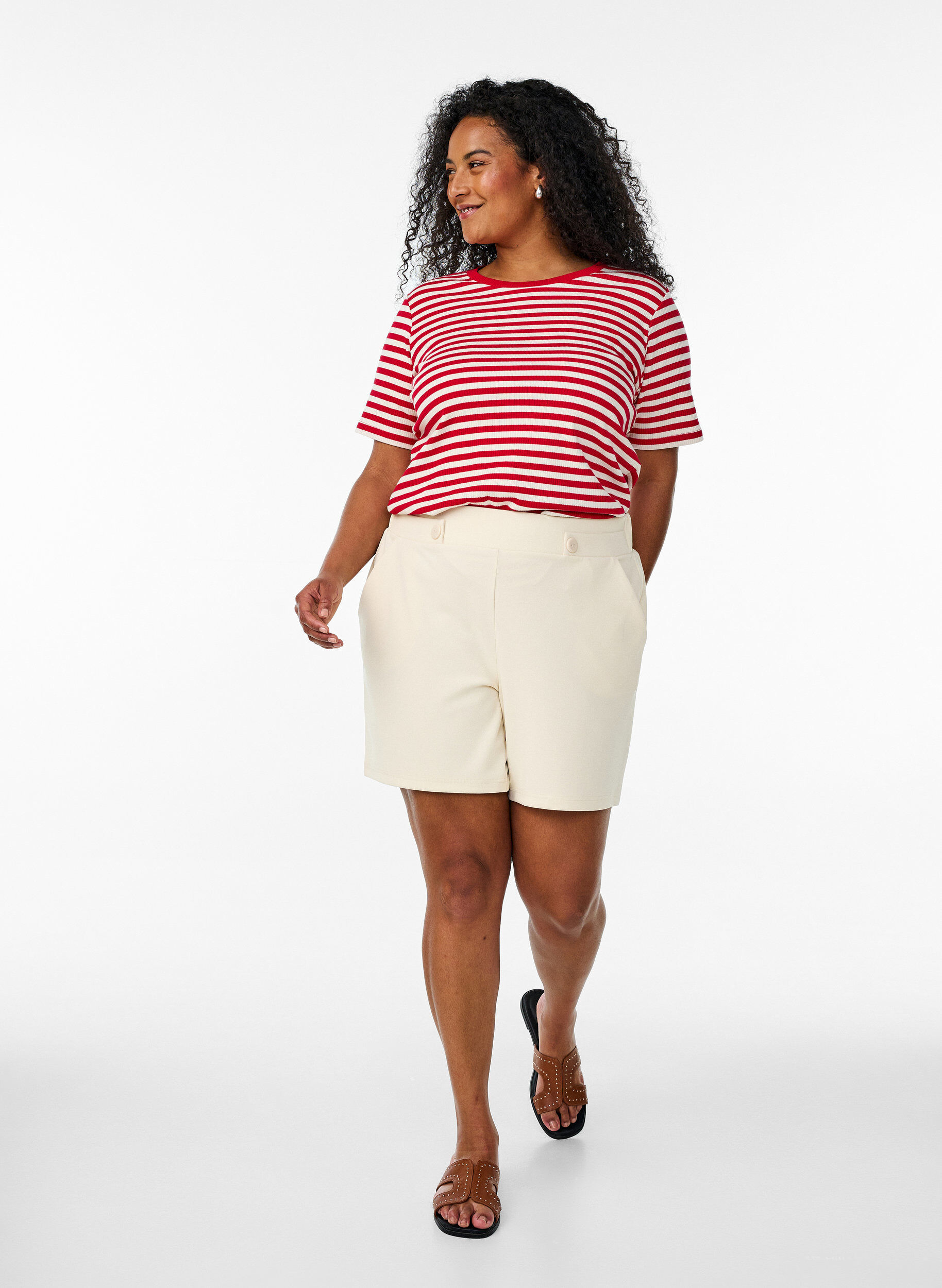 Zizzi Randig t-shirt med ribbad struktur, R&ouml;d, Model image number 1