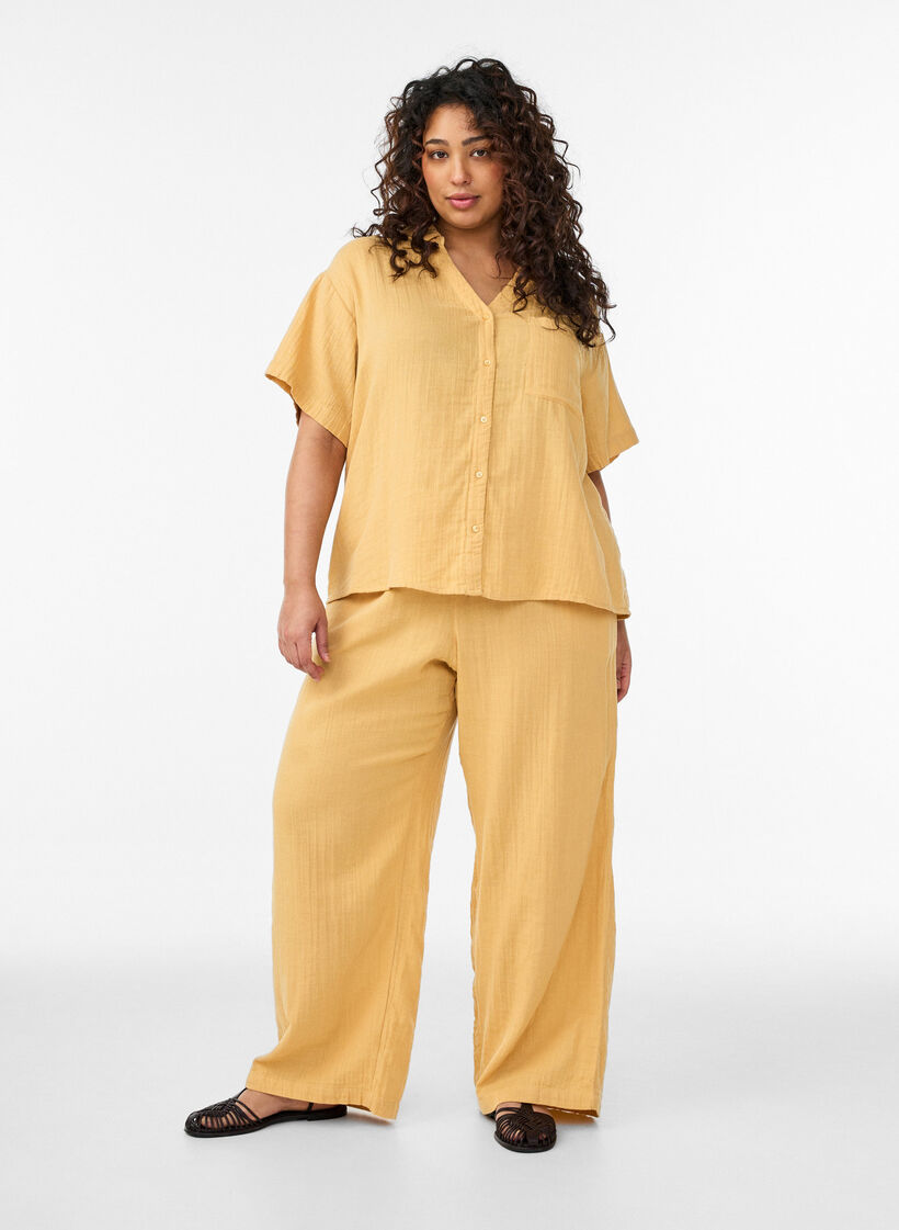 Blus i bomullsmuslin med korta &auml;rmar, Gul, Model image number 1