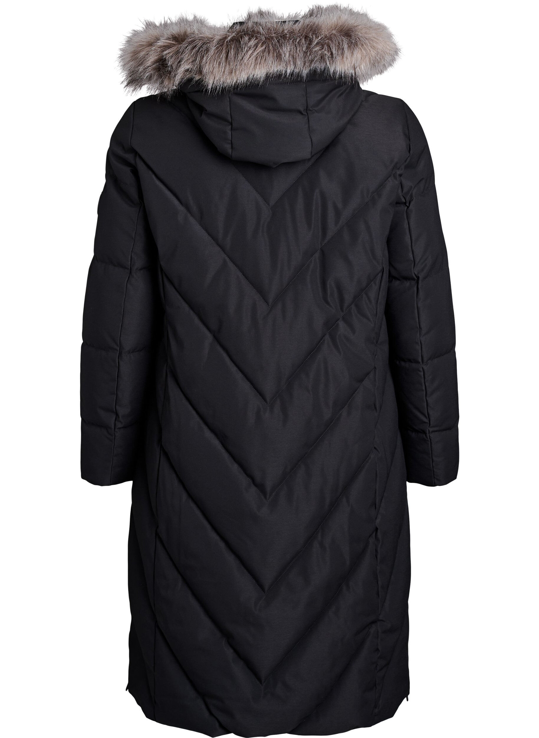 ZizziL&aring;ng vinterkappa med hyskkn&auml;ppning och krage i fuskp&auml;ls, Svart, Packshot image number 1