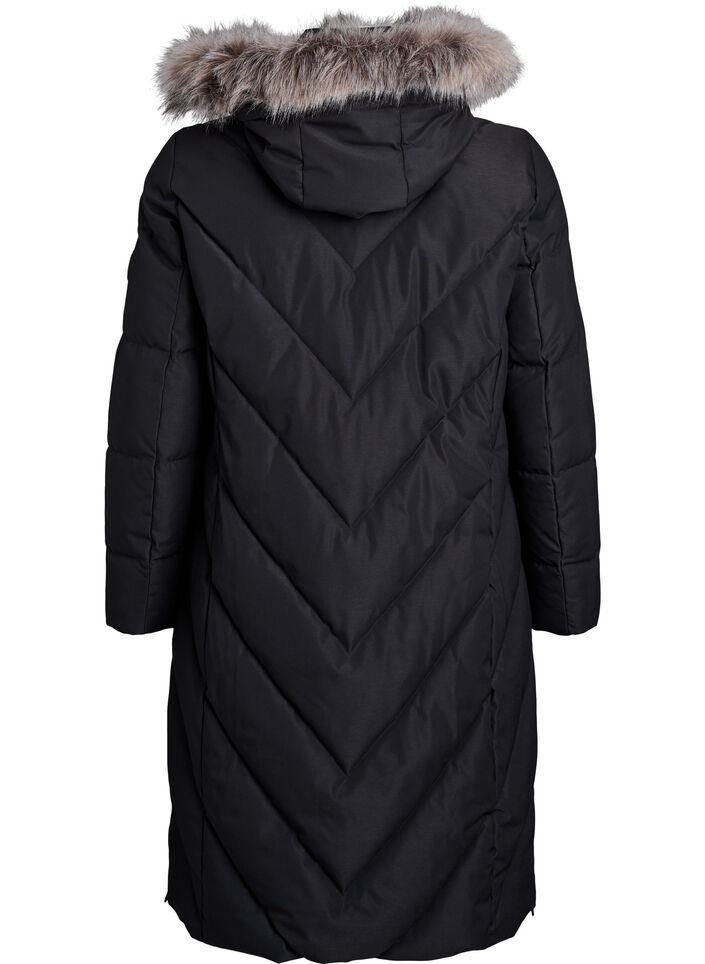 L&aring;ng vinterkappa med hyskkn&auml;ppning och krage i fuskp&auml;ls, Svart, Packshot image number 1