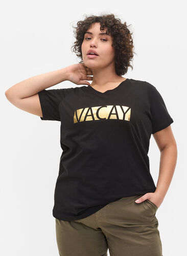 V-ringad t-shirt i bomull, Black VACAY , Model image number 0
