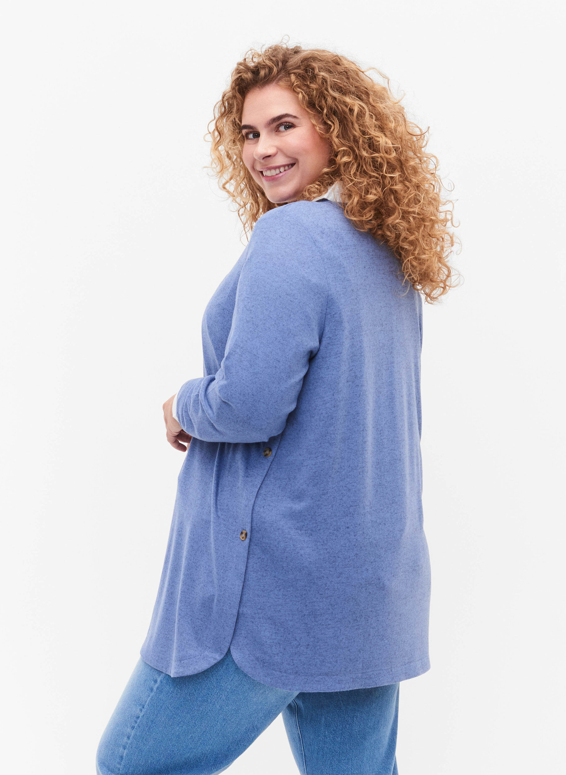 Zizzi Melerad blus med knappar, Colony Blue Melange, Model image number 1