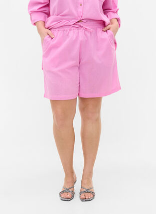 Lösa shorts i bomullsblandning med linne, Begonia Pink, Model image number 1