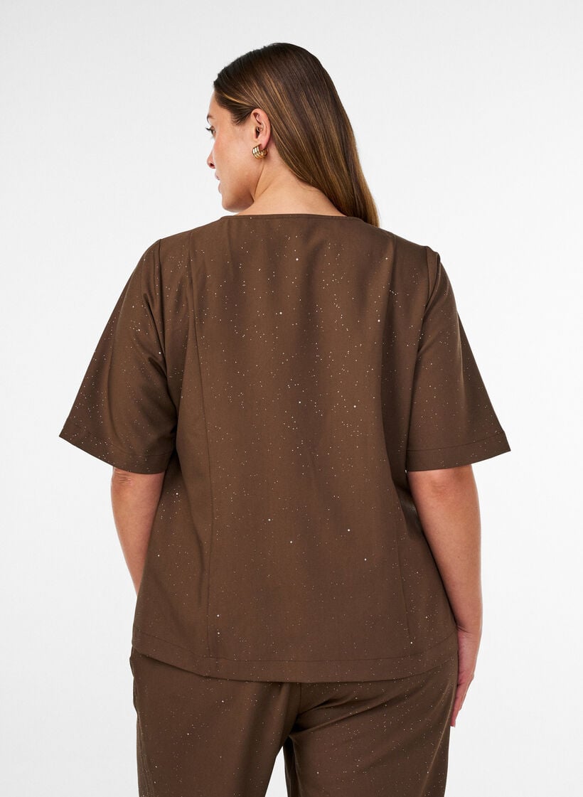 Blus med glitter och v-ringning, Brun, Model image number 2