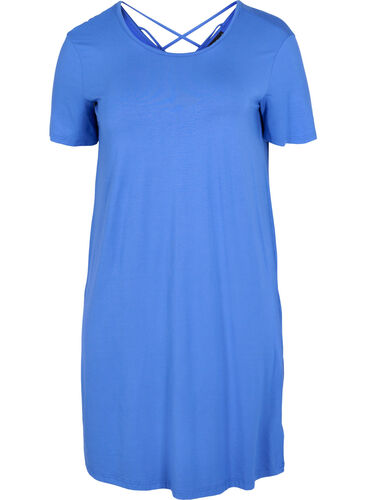Kortärmad viskosklänning med detalj på ryggen, Dazzling Blue, Packshot image number 0