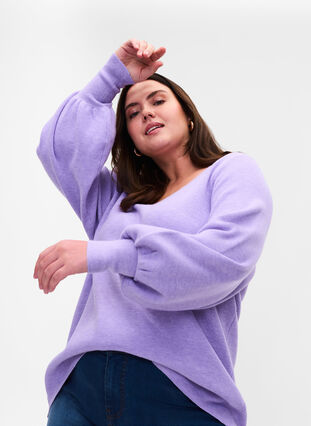 Stickad tröja med v-ringad hals och ballongärmar, Purple Rose Mel, Model image number 2
