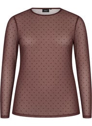 Blus i mesh med tryck, Brun