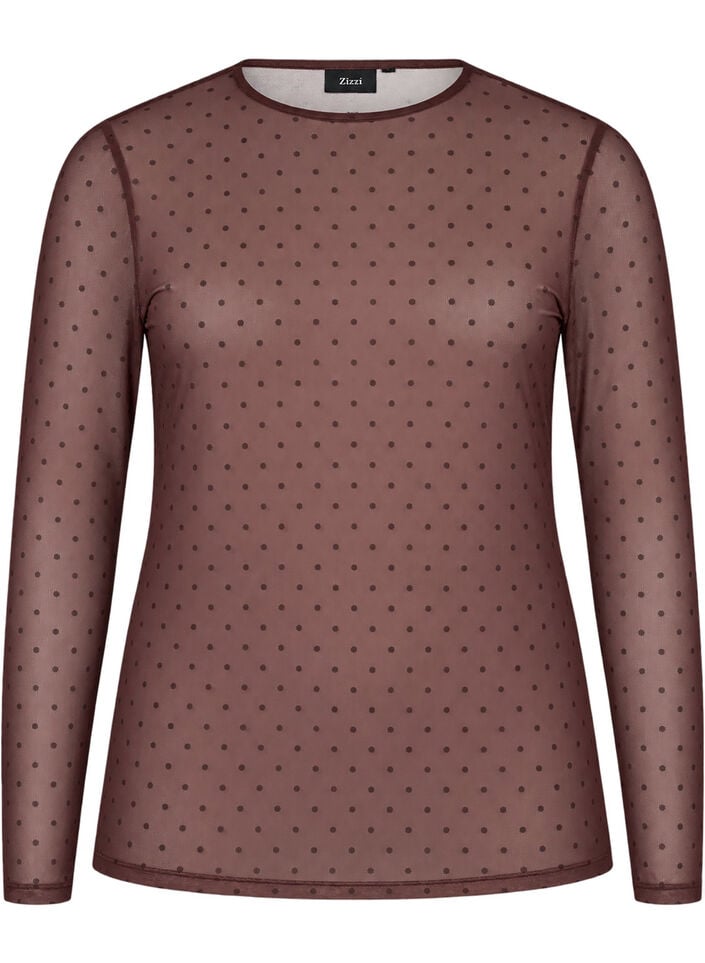 Blus i mesh med tryck, Brun, Packshot image number 0