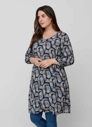 Viskosklänning med paisleymönster och a-form, Blue Paisley AOP, Model image number 0