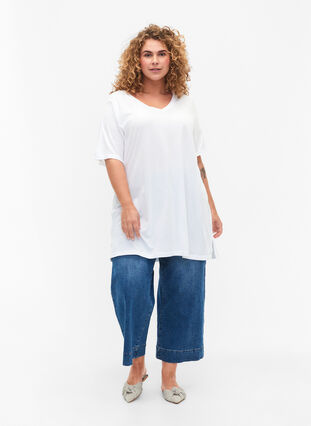 Enfärgad oversize t-shirt med v-hals, Bright White, Model image number 2