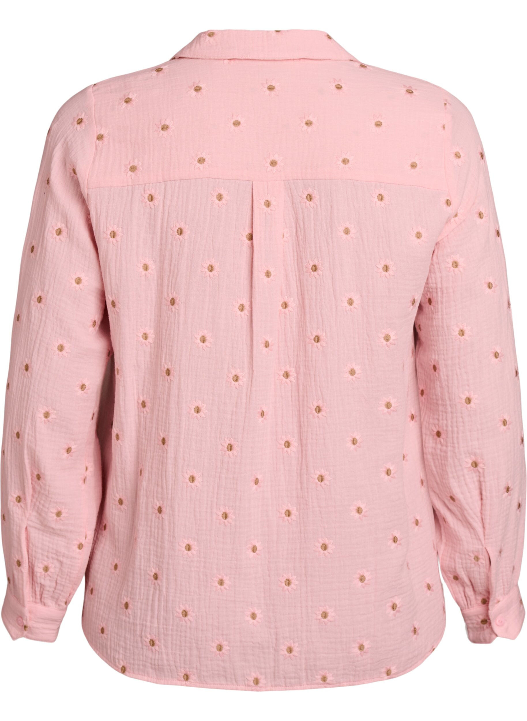Zizzi L&aring;ng&auml;rmad blus i bomullsmuslin med broderade motiv, Rosa, Packshot image number 1