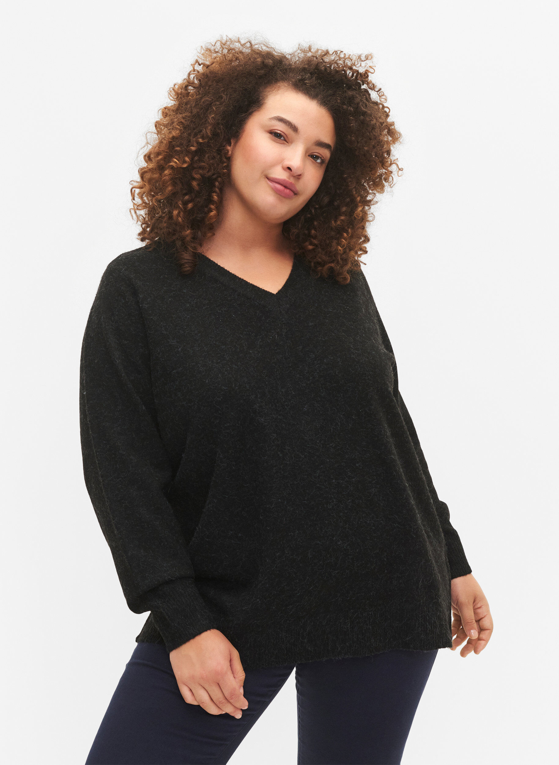 ZizziMelerad pullover med V-ringning, Dark Grey Melange, Model image number 0