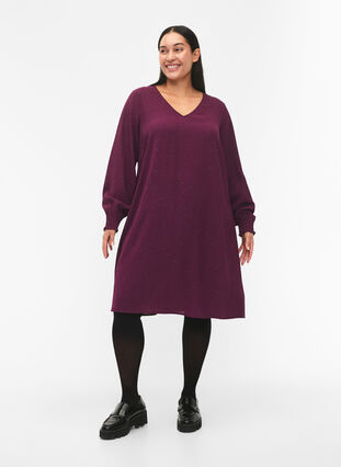 FLASH – Långärmad klänning med glitter, Purple w. Silver, Model image number 2