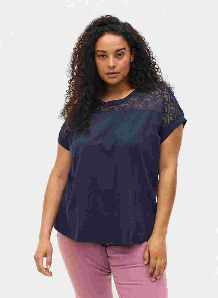 Kortärmad t-shirt av bomull med spets, Navy Blazer, Model image number 0