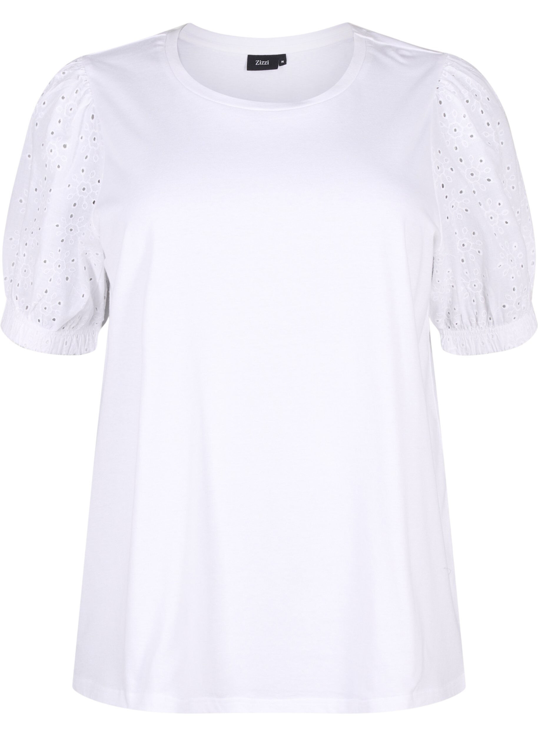 Zizzi Blus i ekologisk bomull med broderie anglaise-&auml;rmar, Bright White, Packshot image number 0